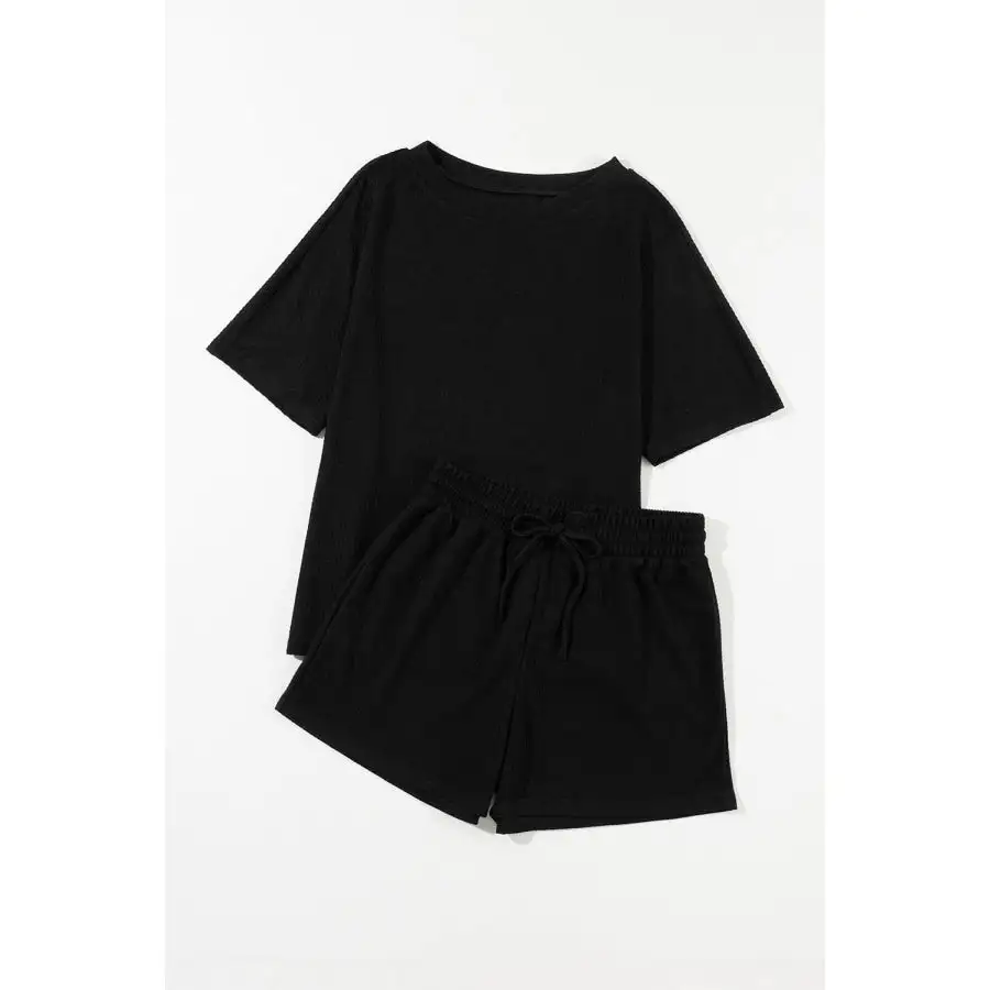 Round Neck Short Sleeve Top and Drawstring Shorts Set