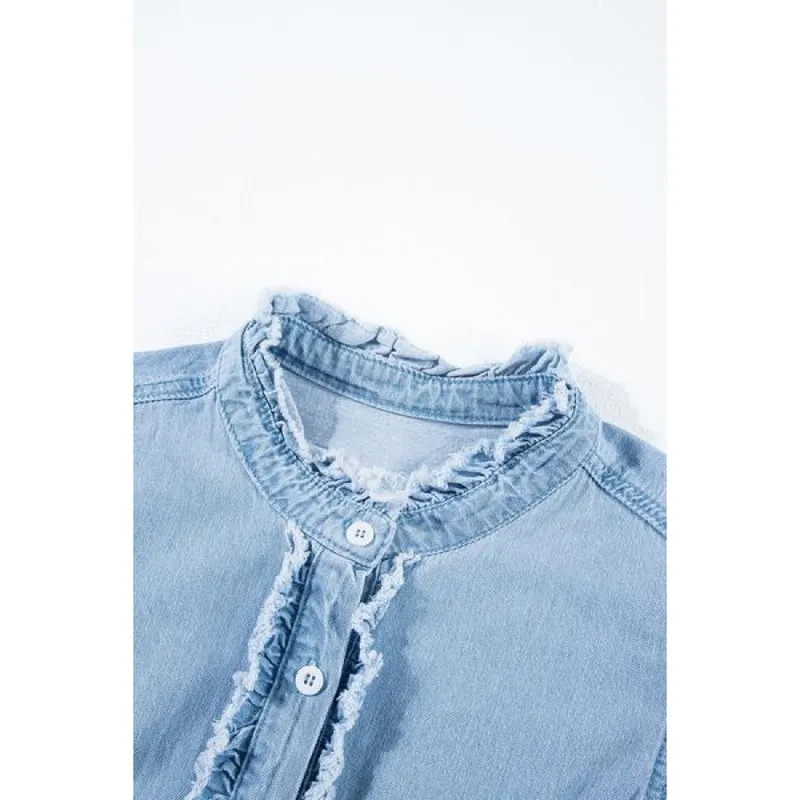 Button-Down Raw-Hem Ruffled Denim Shirt