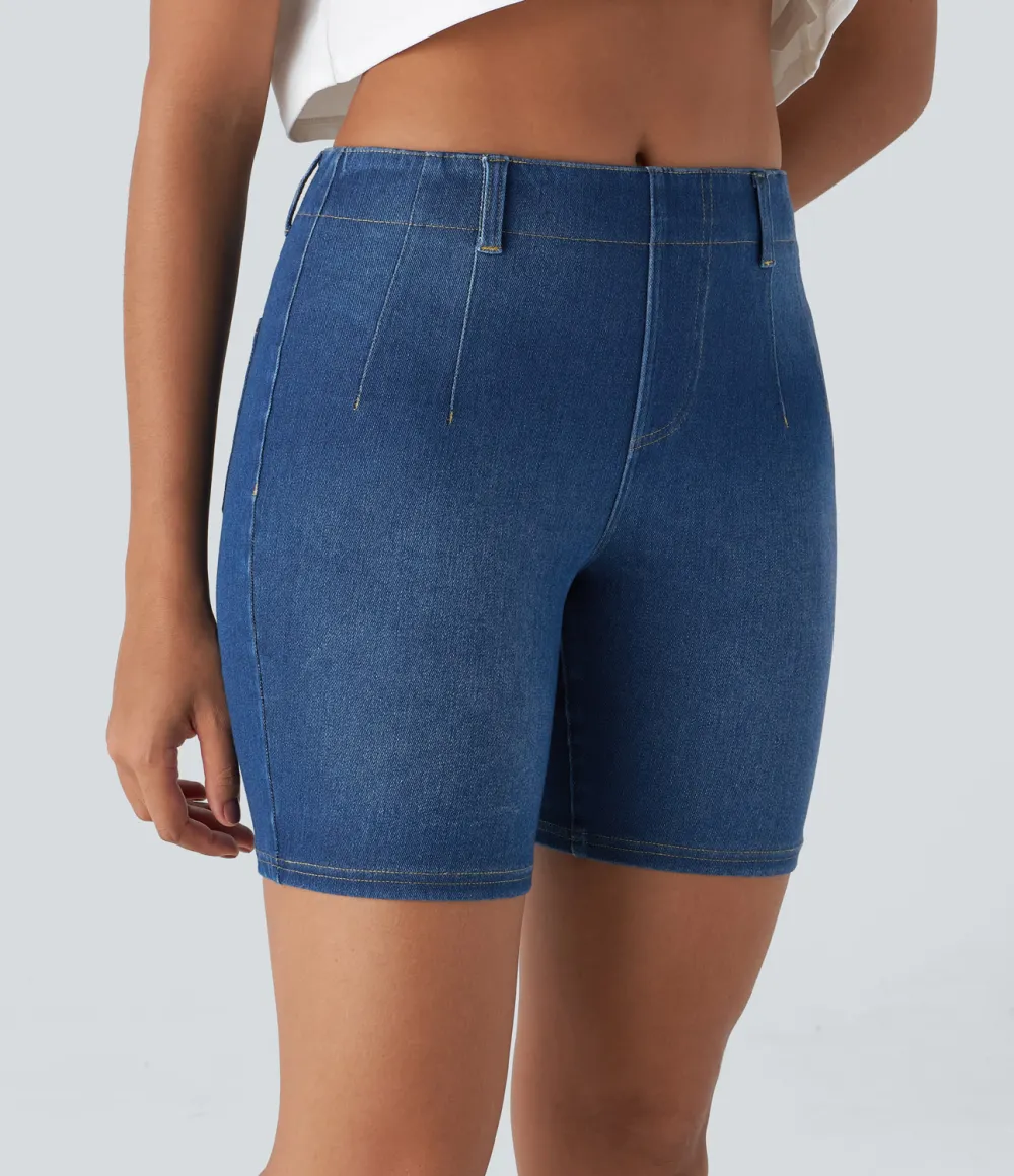 Magic Mid Rise Back Pockets Skinny Cool Touch Washed Stretchy Knit Denim Casual Shorts