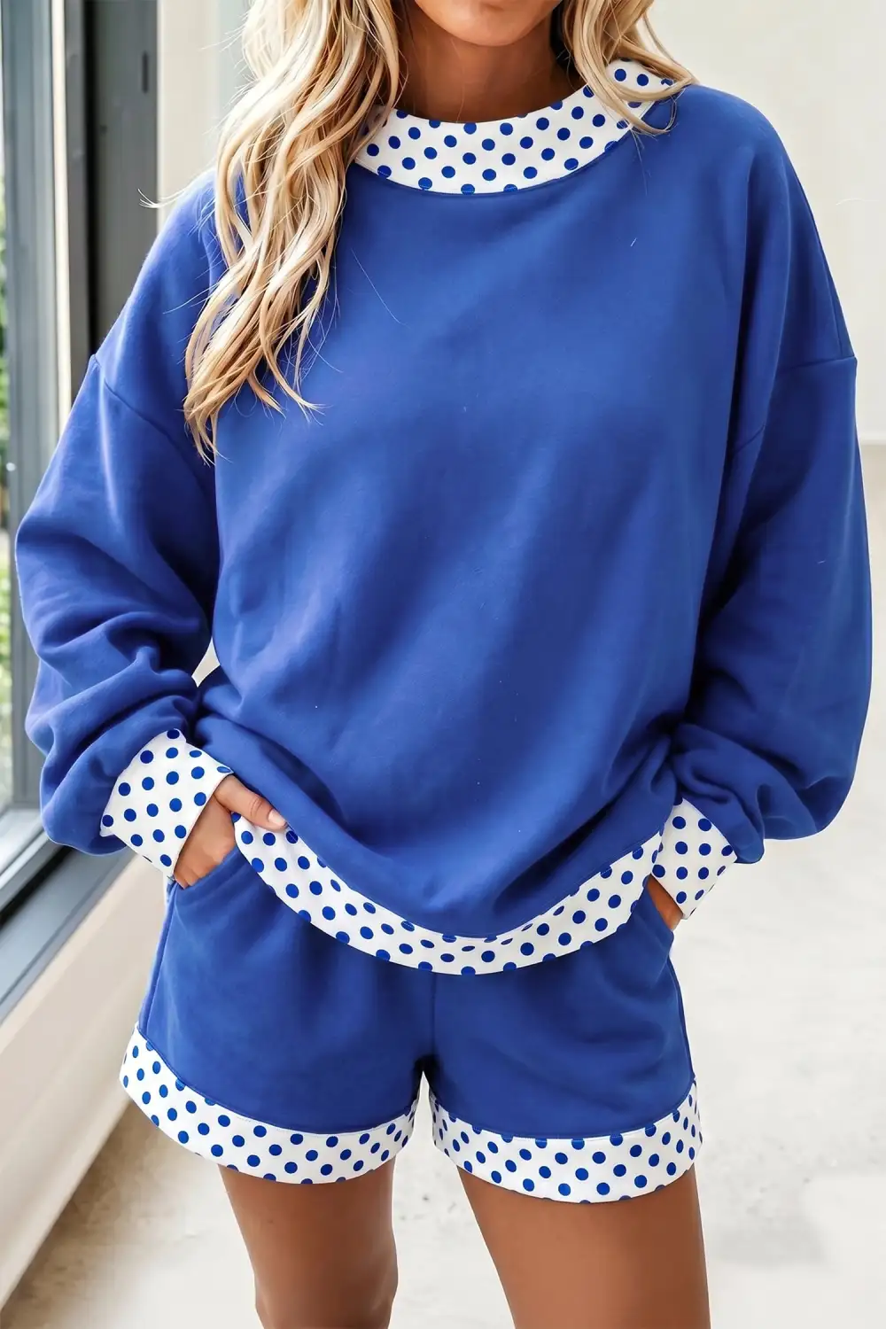 Women's Polka Dot Trim Baggy Pullover Two Piece Short Coordinated Set
