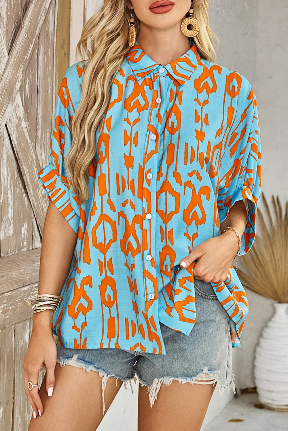 Sky Blue Abstract Print Dolman Shirt