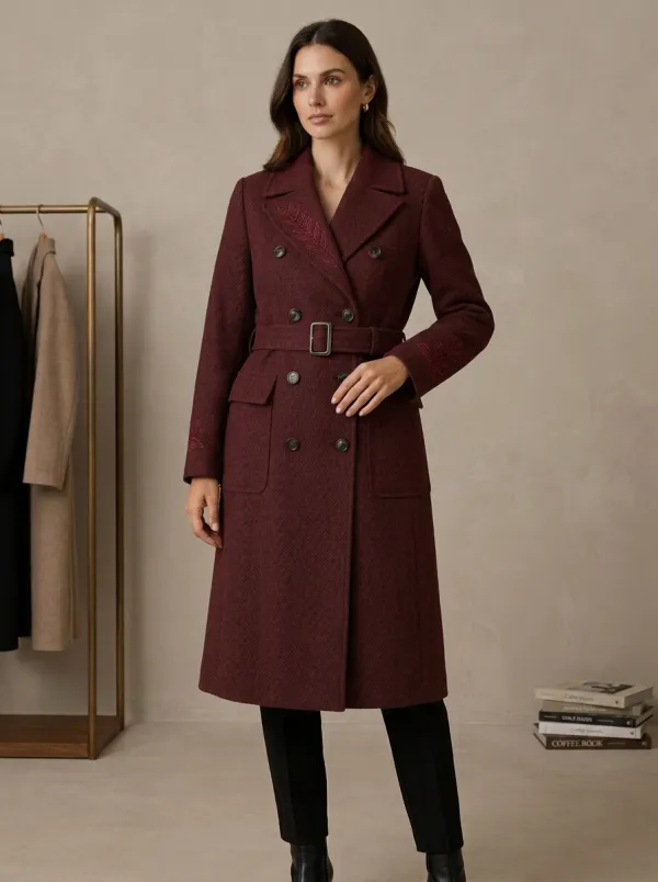 Women's Botanical Leaf Embroidered Gray Herringbone Trench Coat