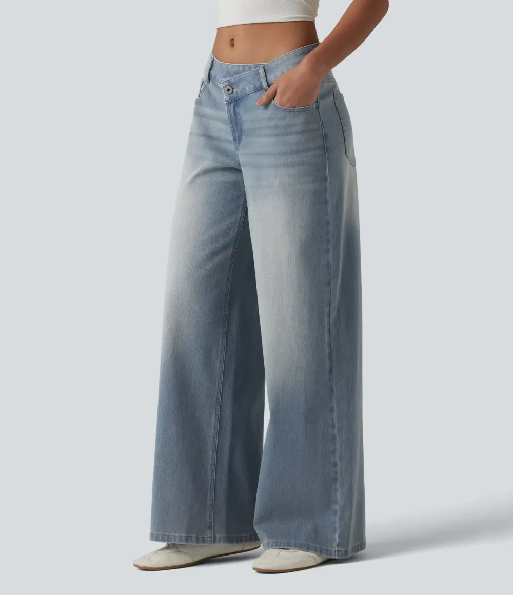2026🔥  Low-rise wide-leg asymmetric jeans with button, zip, and multiple pockets; stretch knit fabric with a washed finish.