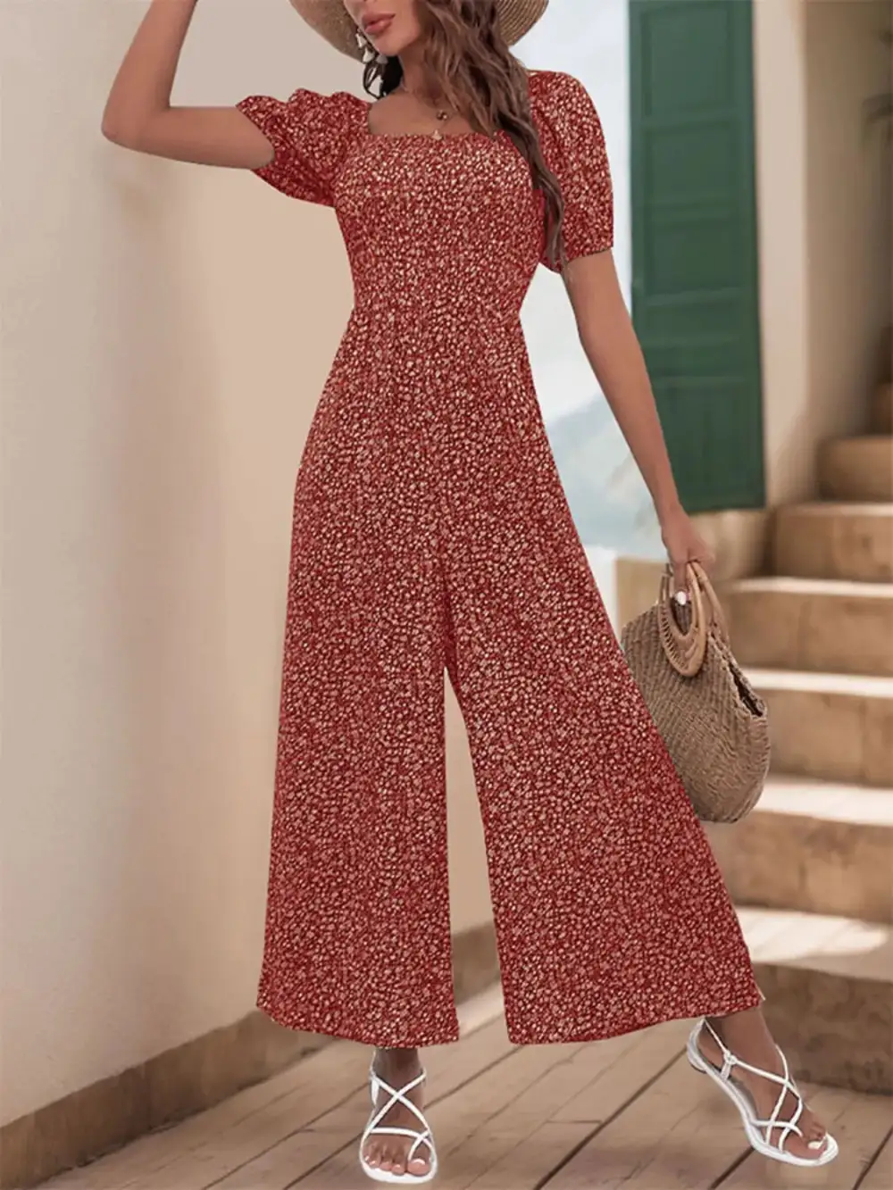 Square Neck Puff Sleeve Jumpsuit Relaxed