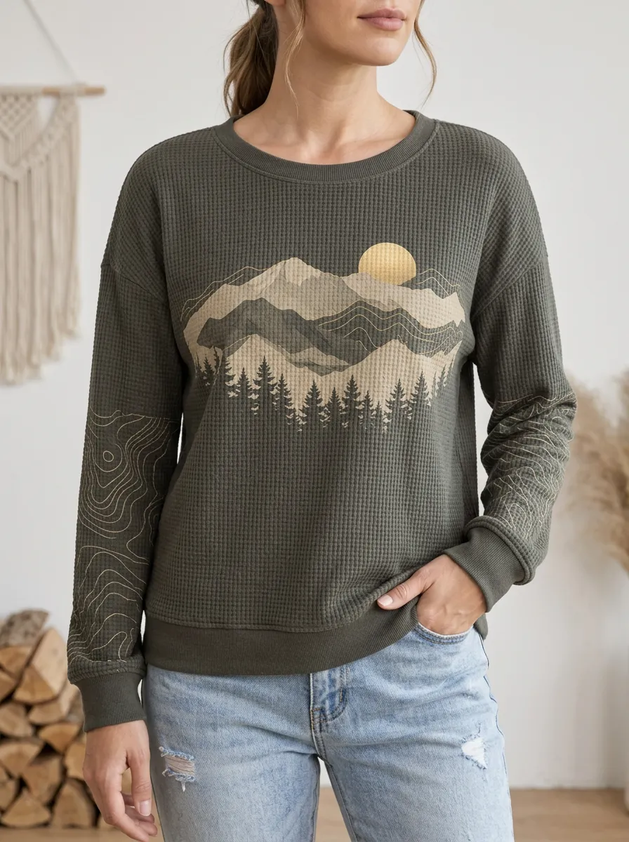Women's Nature Lover Mountain Forest Graphic Waffle Knit Crewneck Sweatshirt