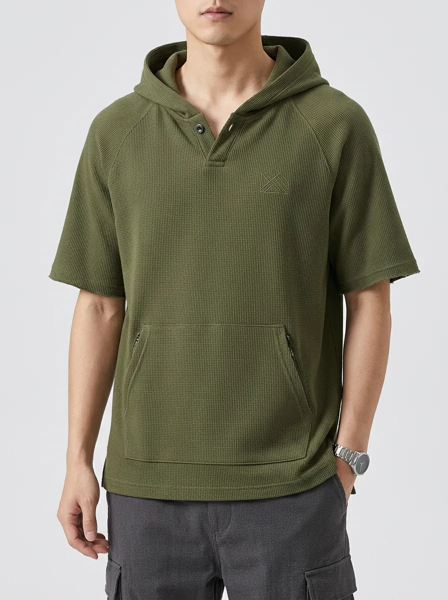 Casual Short Sleeve Waffle Knit Embroidered Profile Men's Hoodie