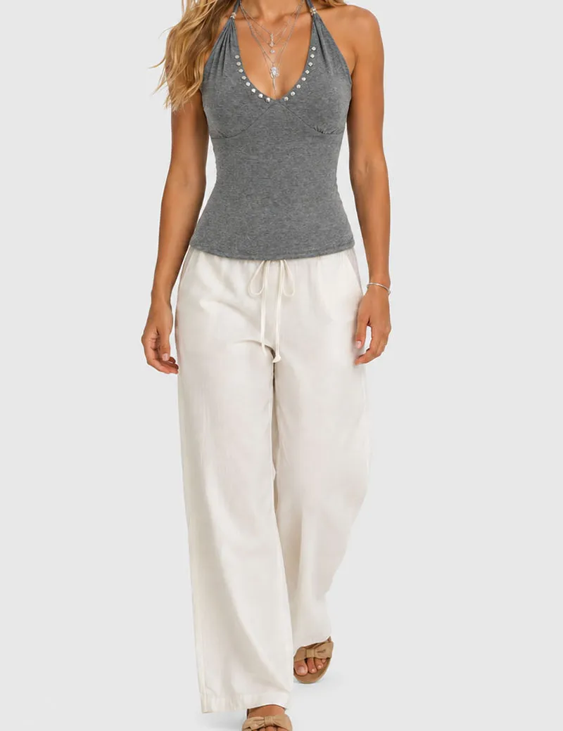 Chic Metal Stud Halter Neck Sleeveless Top