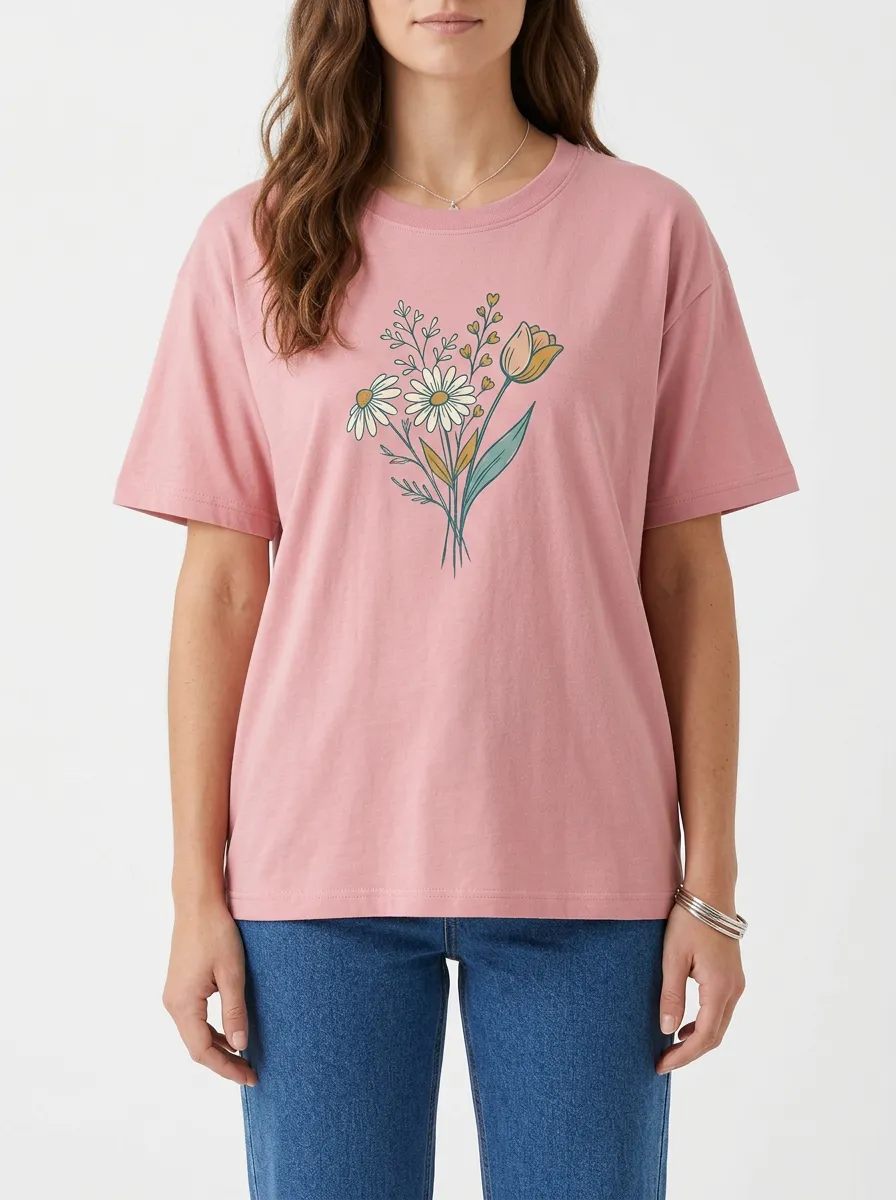 Women's Crew-Neck Graphic-Print Floral-Motif Rib-Trim T-Shirt