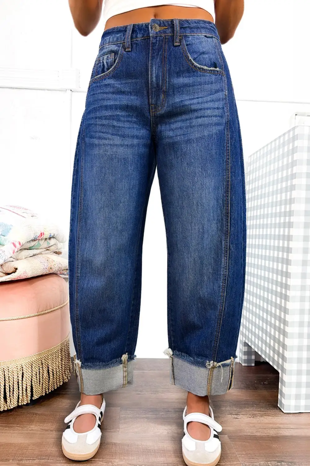 Women's Raw Hem Turnup Loose Ankle Length Jeans