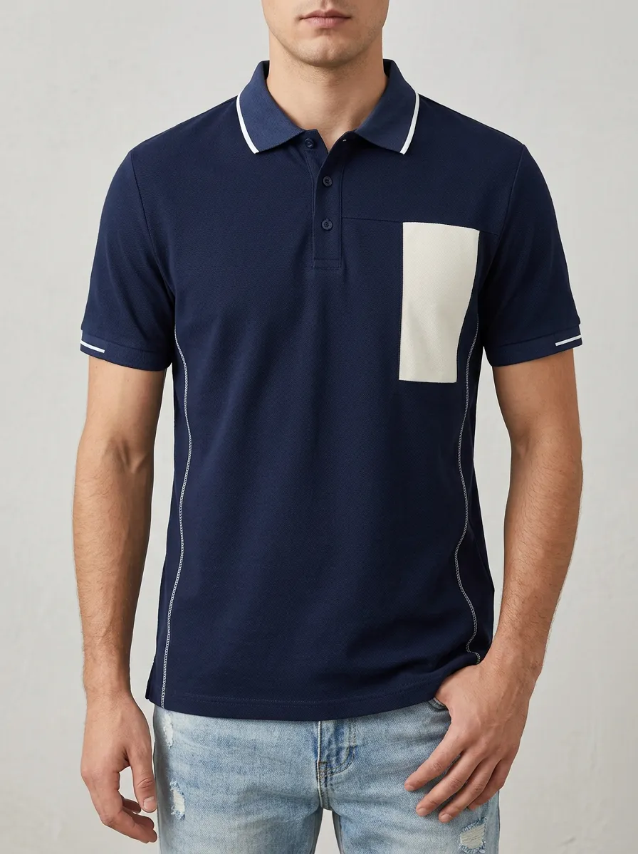 Men's Casual Minimalist Navy Contrast Pocket Printed Polo Shirt