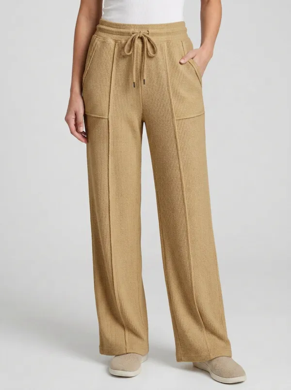 Women's Casual Lounge Waffle Knit Drawstring Wide Leg Pants