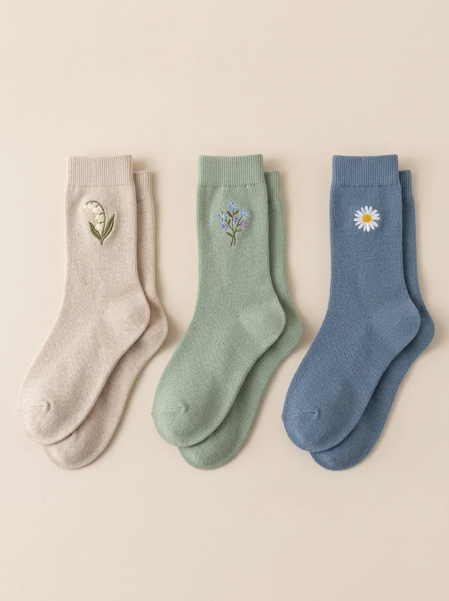 Women's Three-Pair Lily & Daisy Embroidered Crew Sock Set