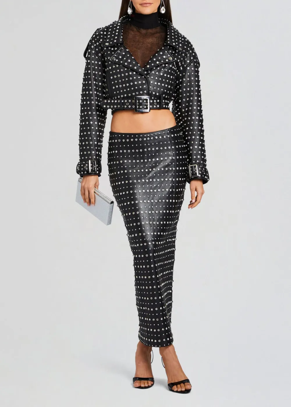 Lapel Embellished Leather Jacket