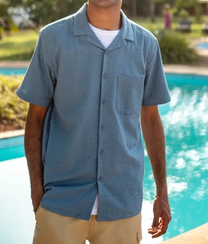 Blue Seersucker Notched Collar Shirt