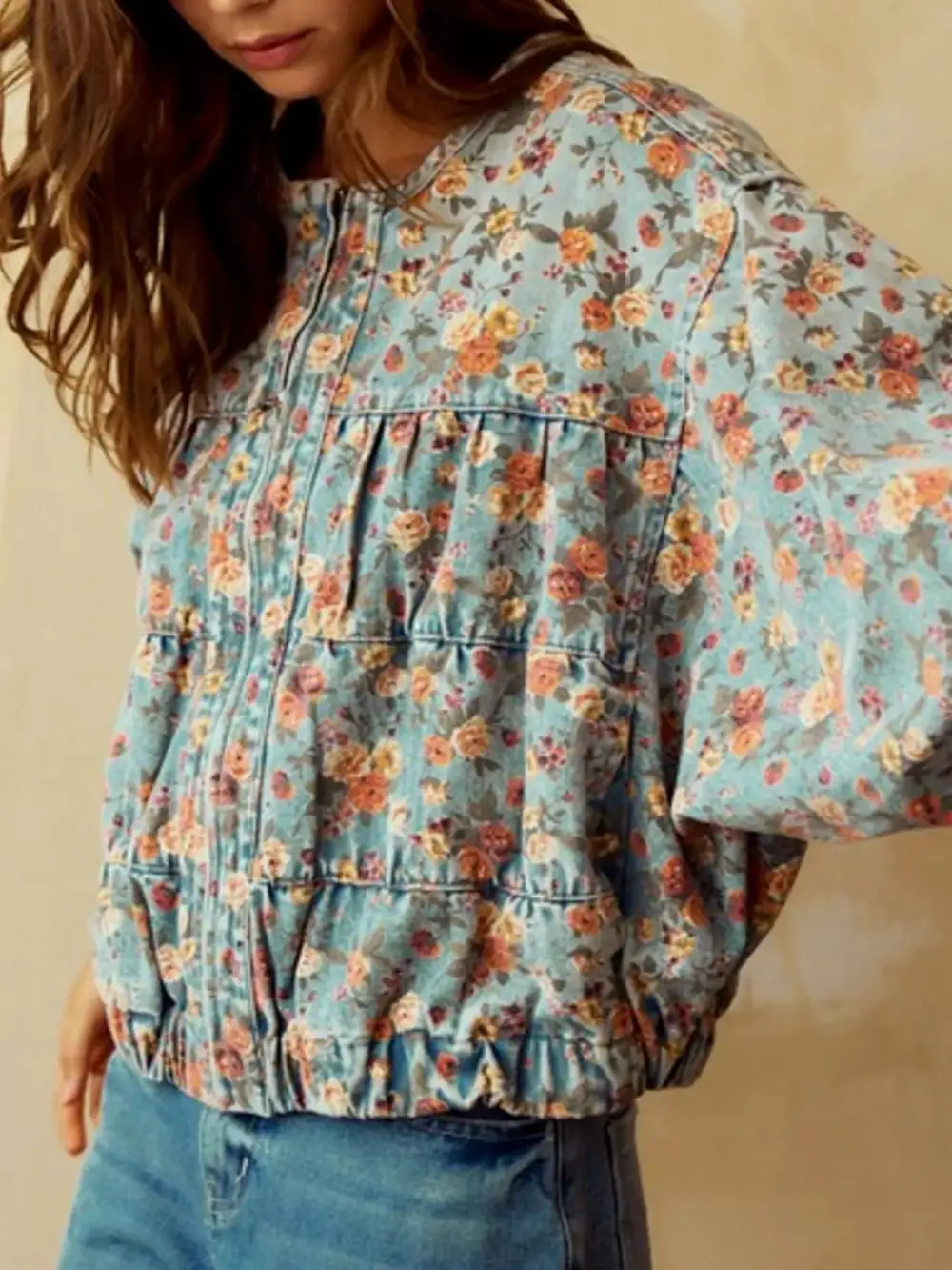 Floral Print Zip Up Cropped Jacket