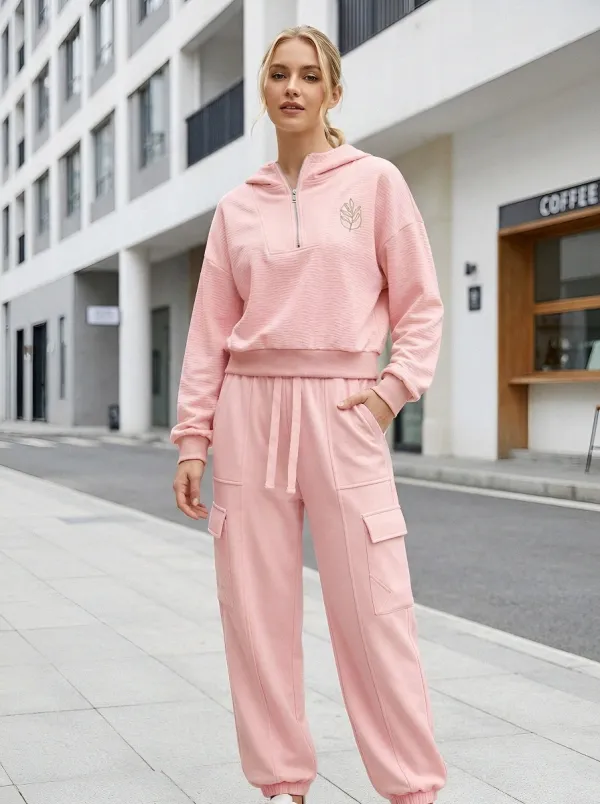 Women's Minimalist Leaf Botanical Printed Quarter-Zip Hoodie Cargo Jogger Set