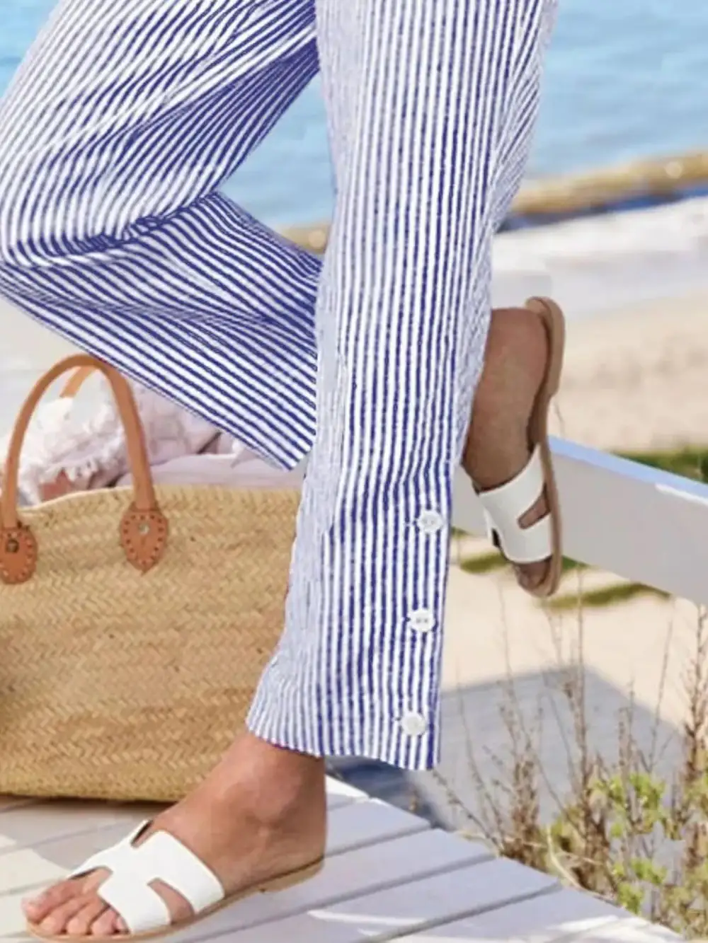 Striped Side Button Detail Plus Pants