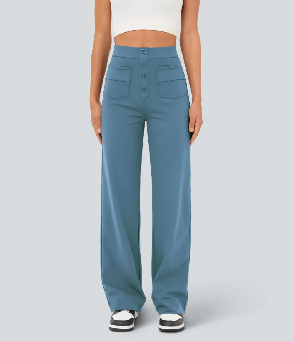 High Waisted Button Multiple Pockets Straight Leg Casual Pants