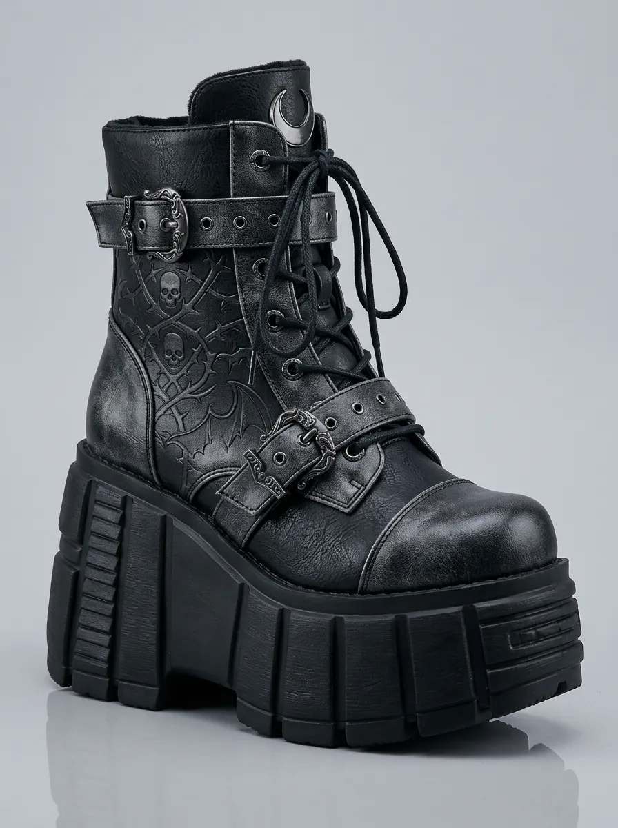 Dramatic Skull Moon Embossed Punk Look Women's Gothic Platform Boots