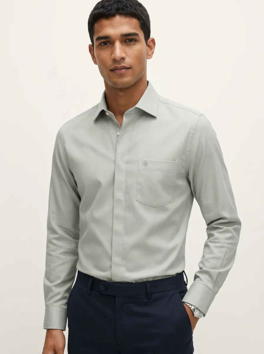 Men's Non-Iron Cotton Compass Logo Embroidered Long Sleeve Shirt