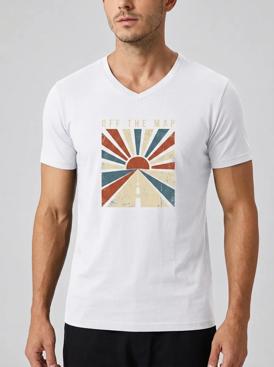 Men's Travel Adventure Off The Map Retro Sunset Printed V-Neck T-Shirt