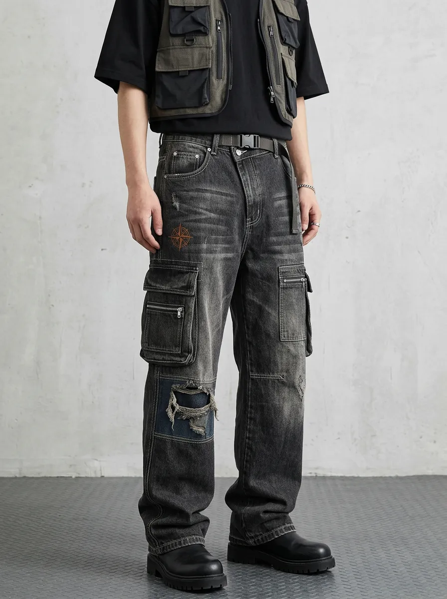 Men's Compass Graphic Distressed Multi-Pocket Cargo Jeans