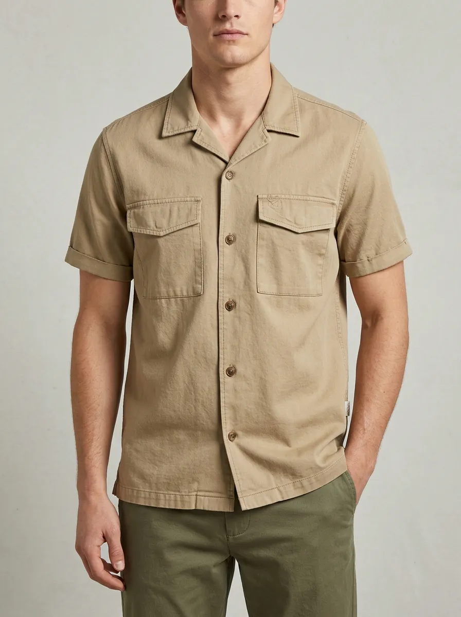 Men's Casual Khaki Breathable Cotton Utility Short Sleeve Shirt