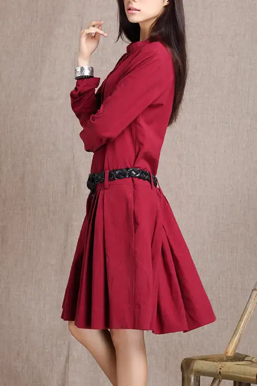 Linen Cotton Pleated Long Sleeve Midi Dress