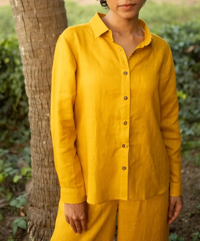 Mustard Linen Matching Set with Button-Up Shirt & Oversized Pants