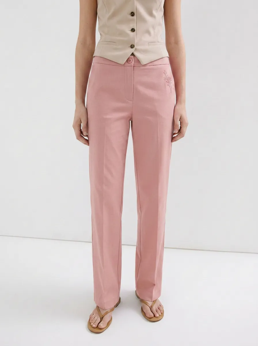 Women's Minimalist Botanical Embroidered Mid-Rise Straight Leg Pants
