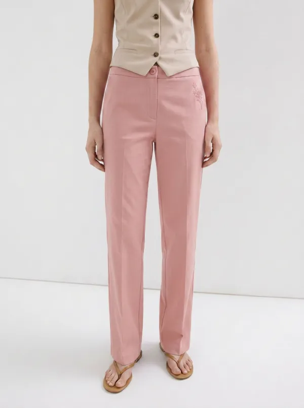 Women's Minimalist Botanical Embroidered Mid-Rise Straight Leg Pants