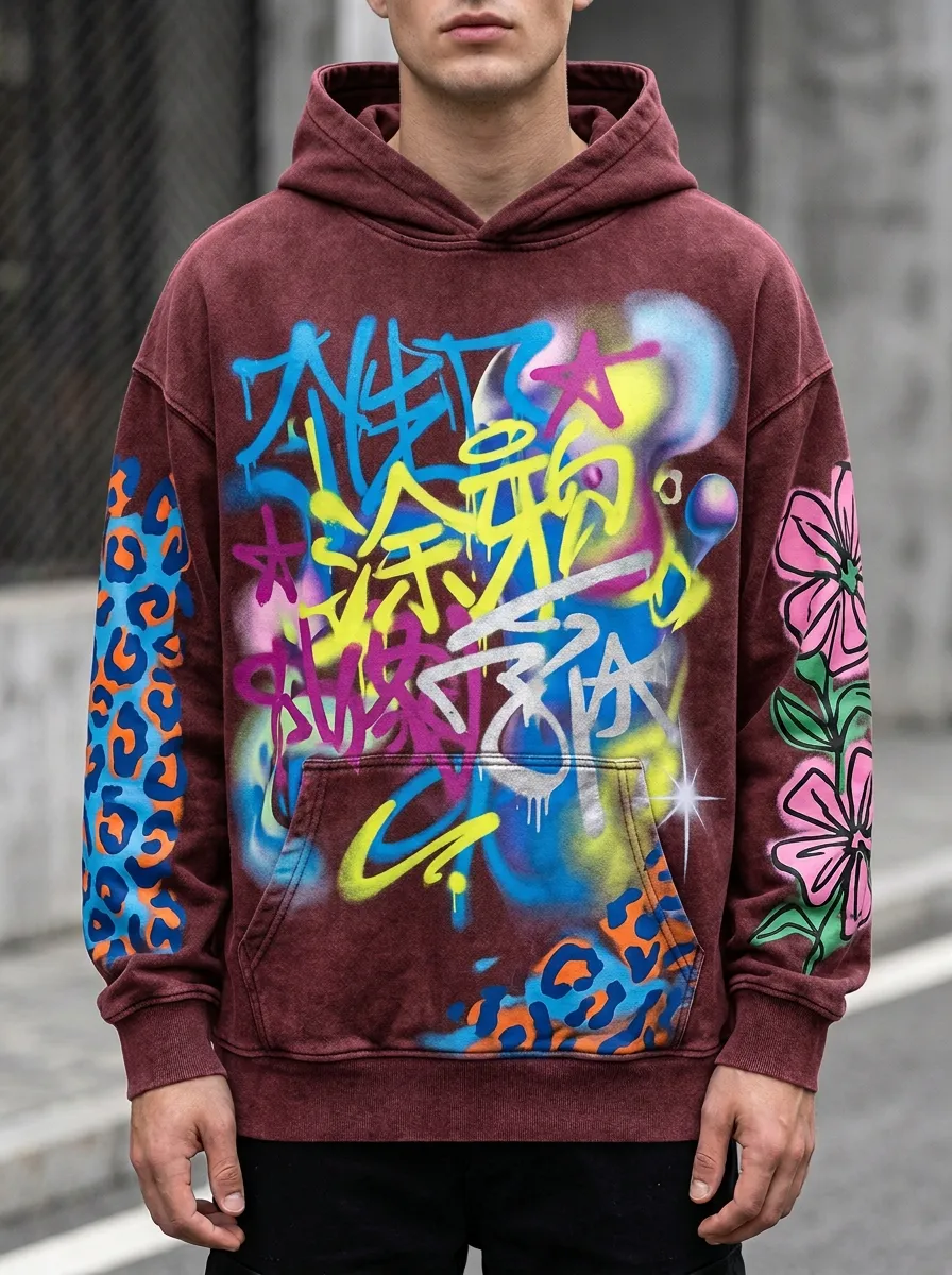 Unisex Streetwear Graffiti Leopard Flower Skate Inspired Hoodie