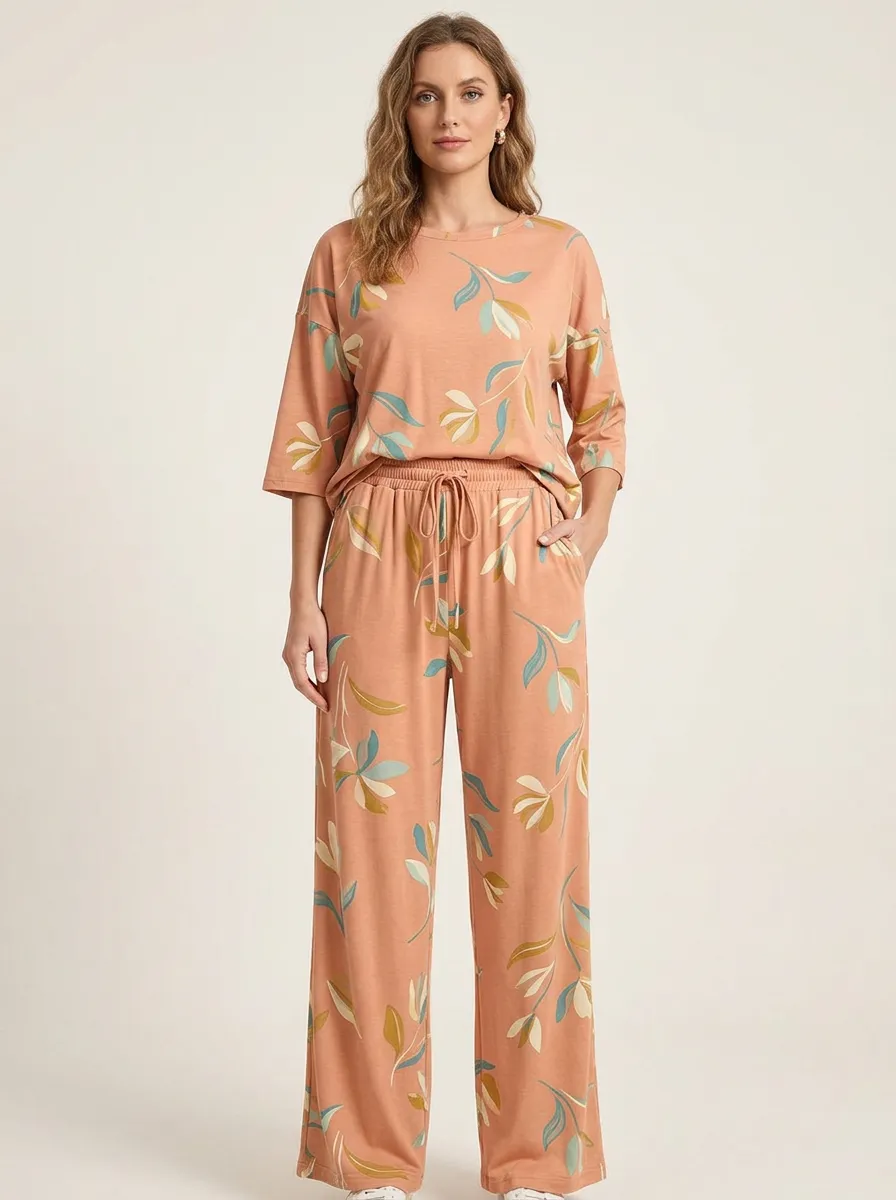 Women's Floral Print Drop-Shoulder Top And Drawstring Wide-Leg Trouser Lounge Set