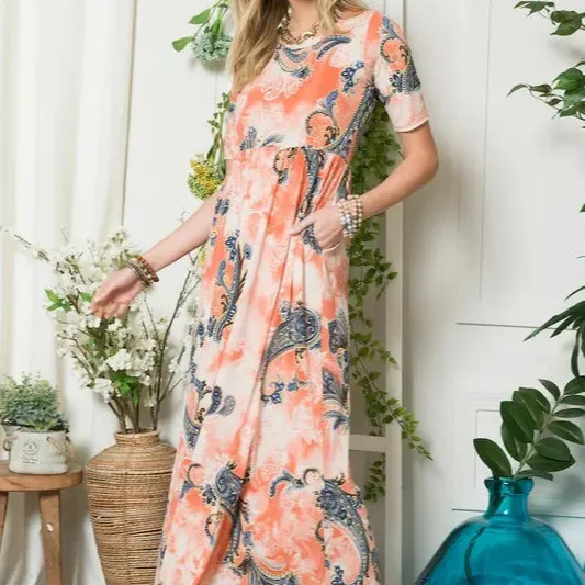 Paisley Print Short Sleeve Maxi Dress with Pockets