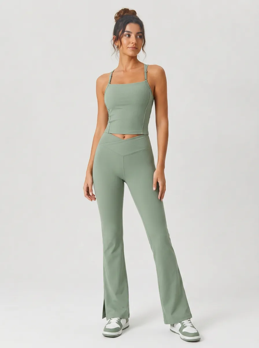 Women's Yoga Fitness Sage Green Ribbed Crossover Flare Leggings Set