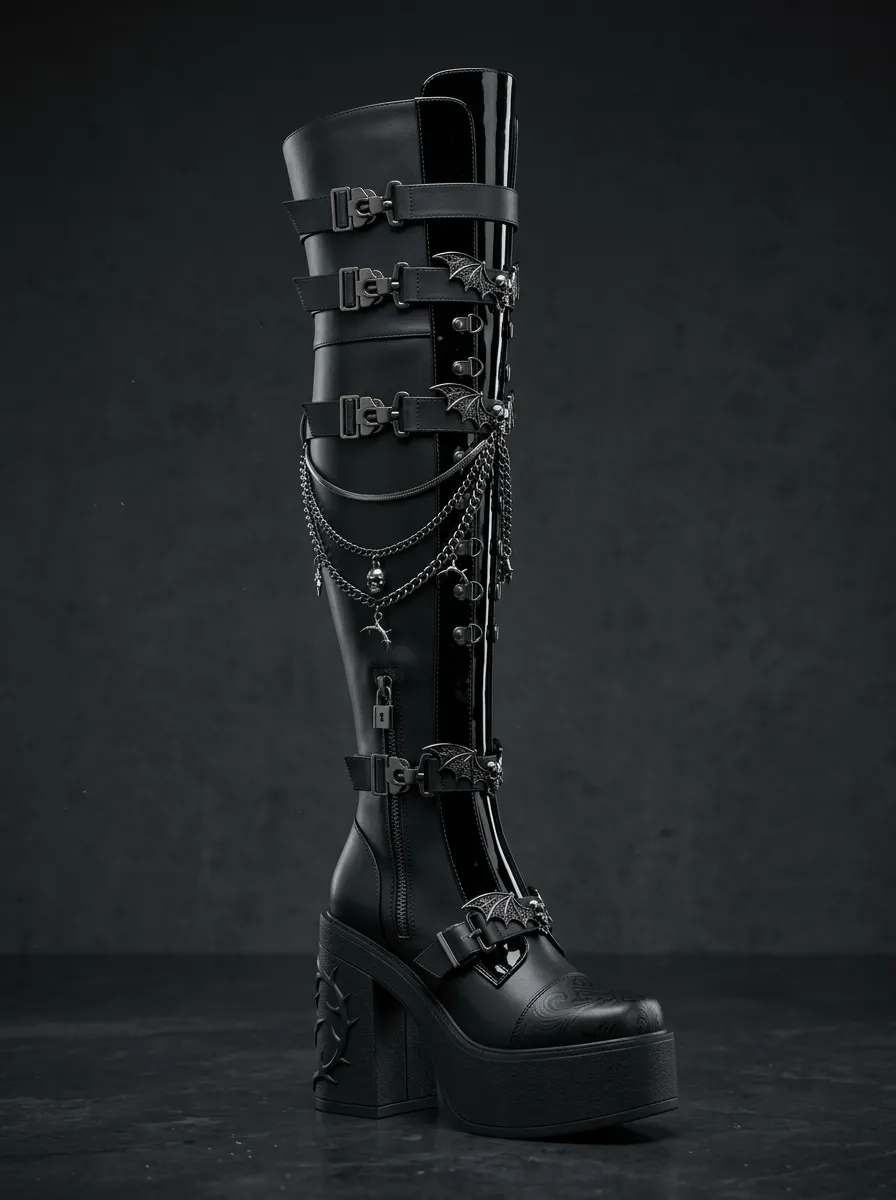 Classic Gothic Bat Chain Buckle Edit Women's Gothic Platform Boots