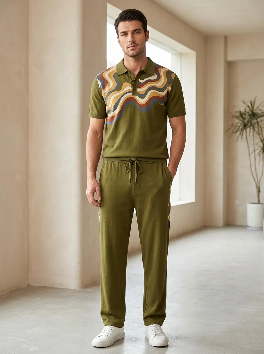 Men's Retro Wave Pattern Printed Casual Polo Set
