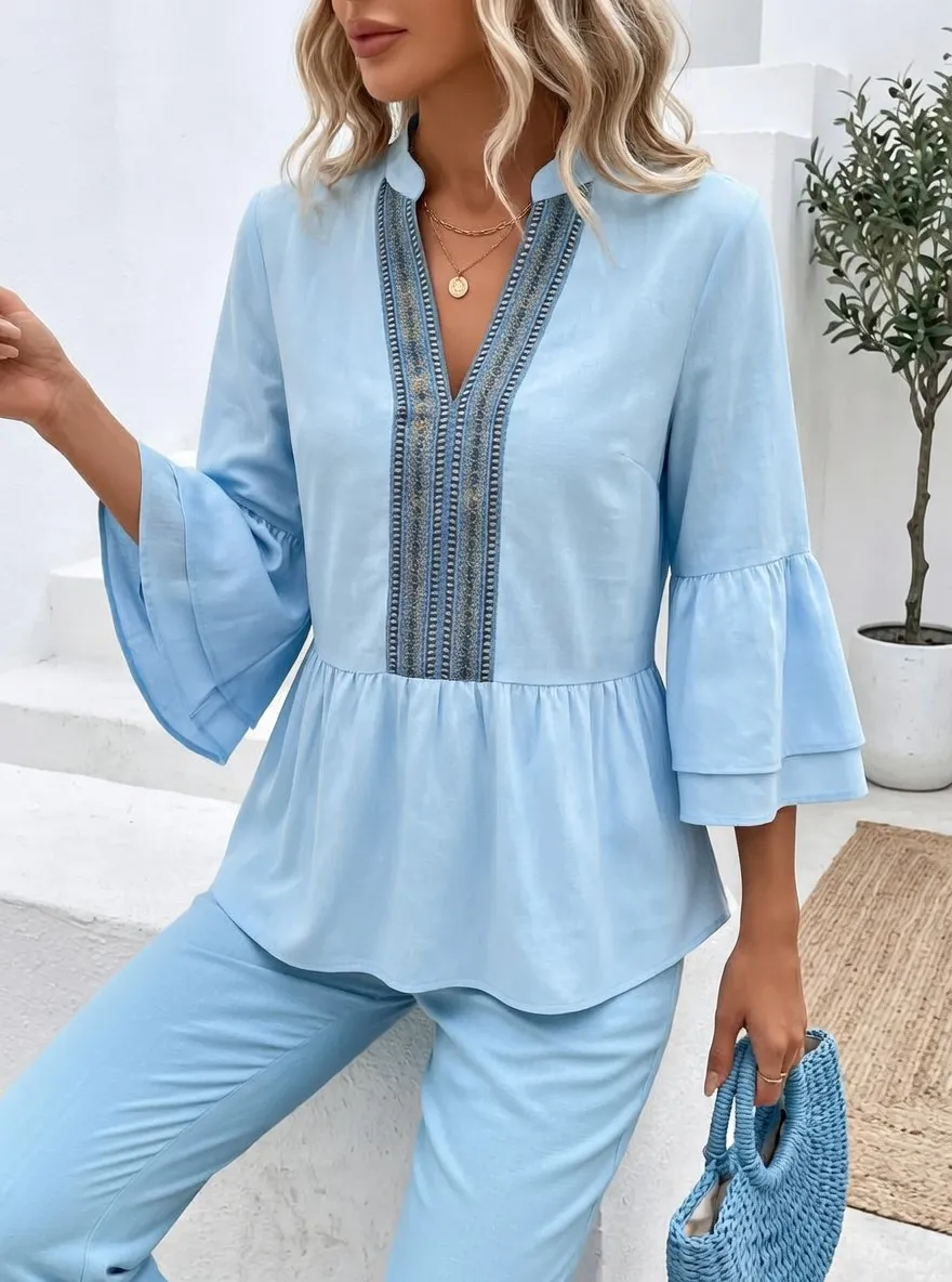 Boho Embroidered V-Neck Printed Peplum Top