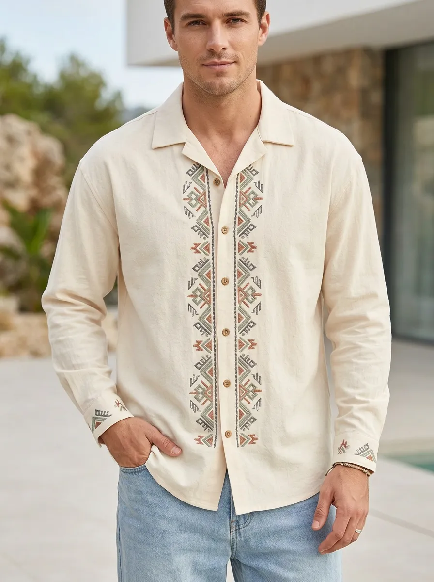 Men's Geometric Boho Refined Printed Long Sleeve Shirt