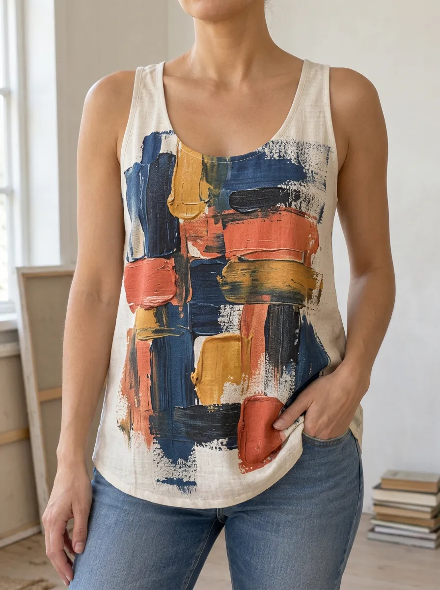 Women's Abstract Art Lover Oil Paint Stroke Printed Tank Top