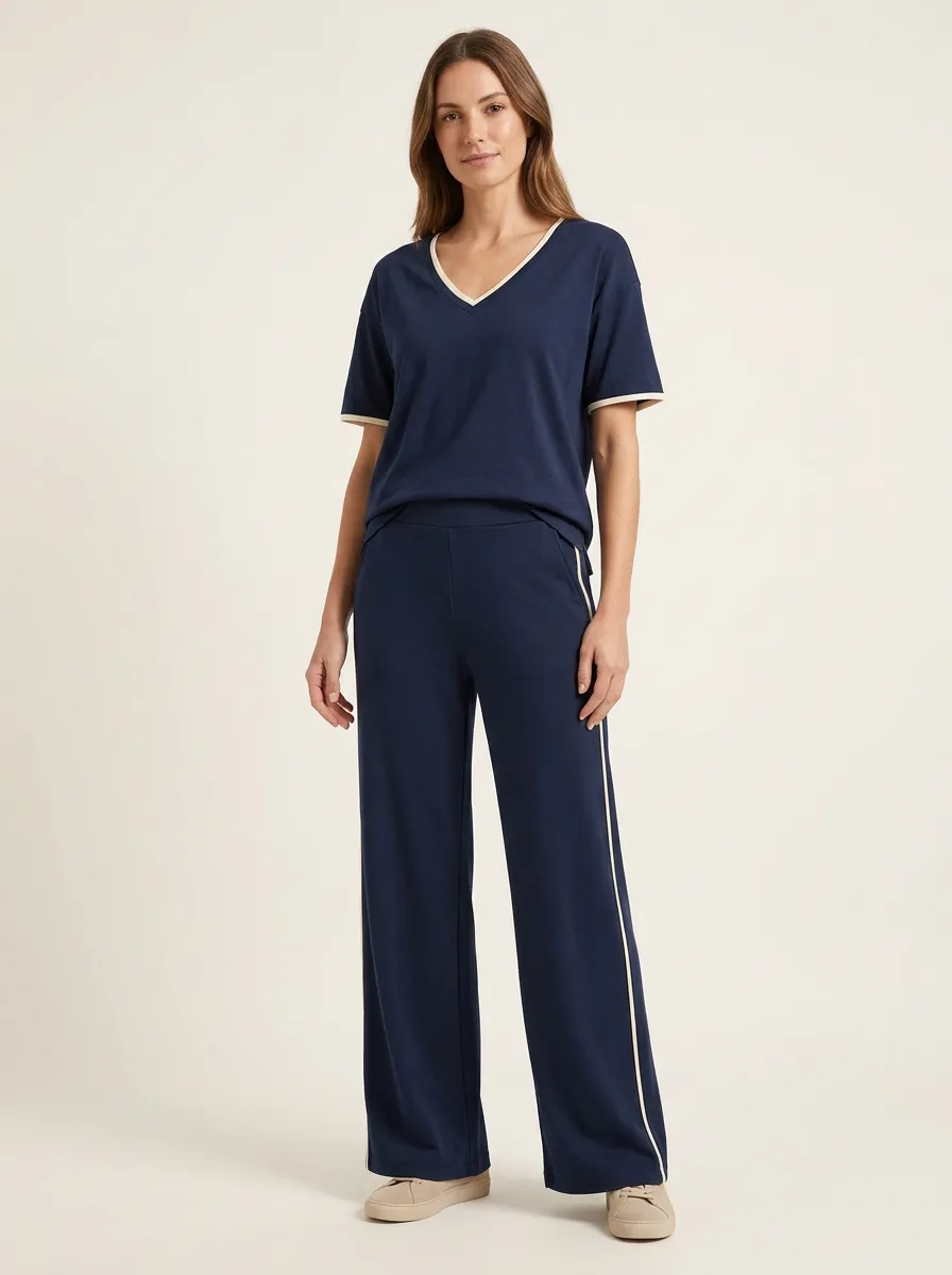 Women's Contrast-Piping Relaxed-Fit V-Neck T-Shirt and Wide-Leg Pants Set