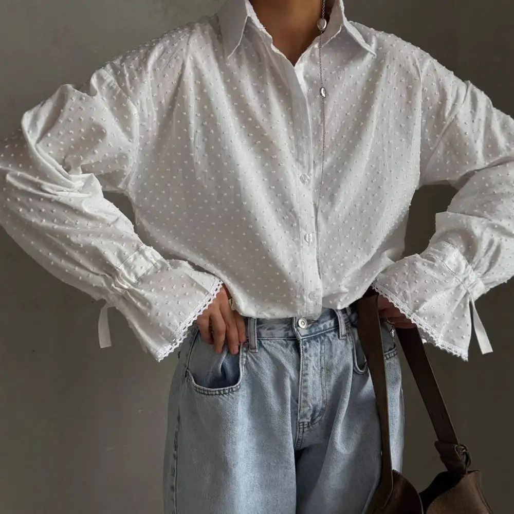Ribbed Lace Trim Dot Embellished Shirt