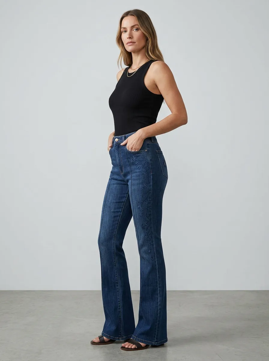 Women's Vintage Inspired Floral Embroidered Stitch Detail High Rise Flare Jeans