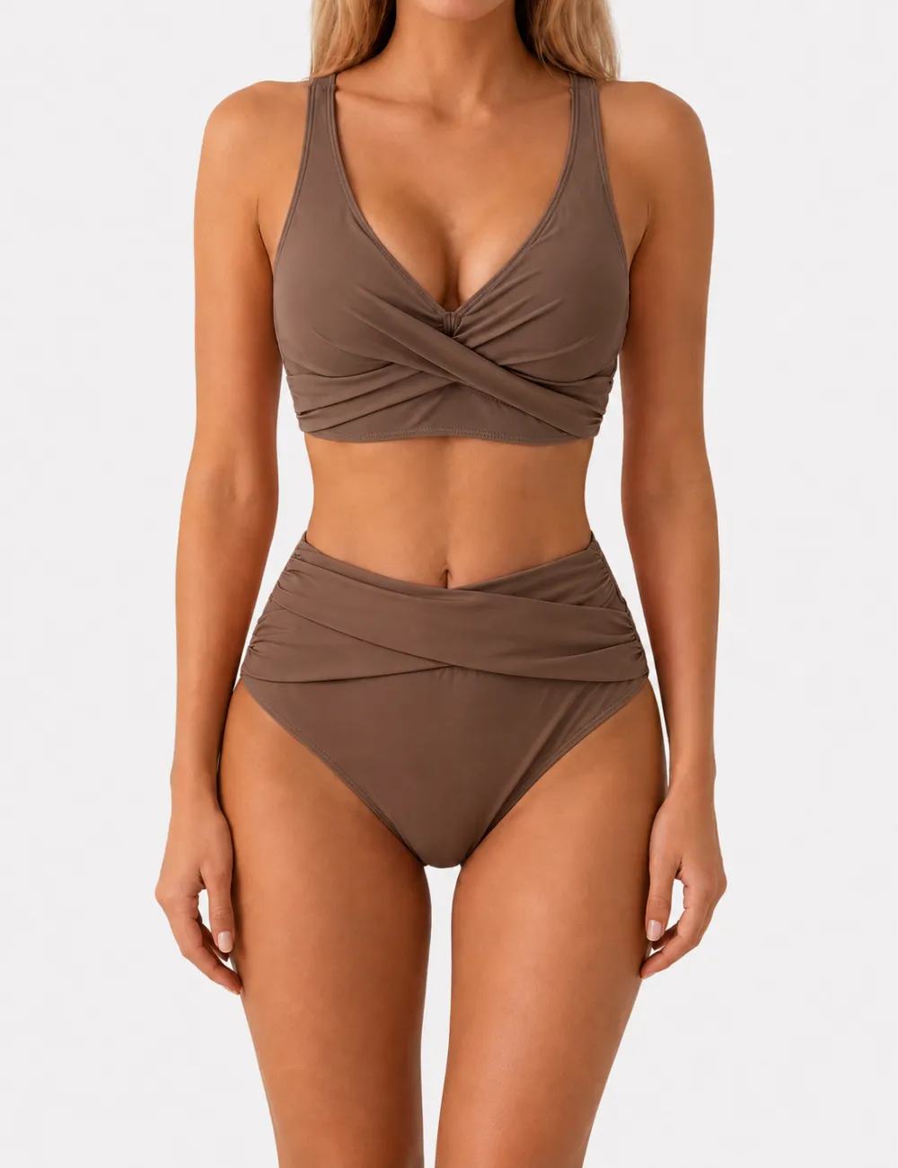 Twist Front V Neck High Waisted Bikini Set