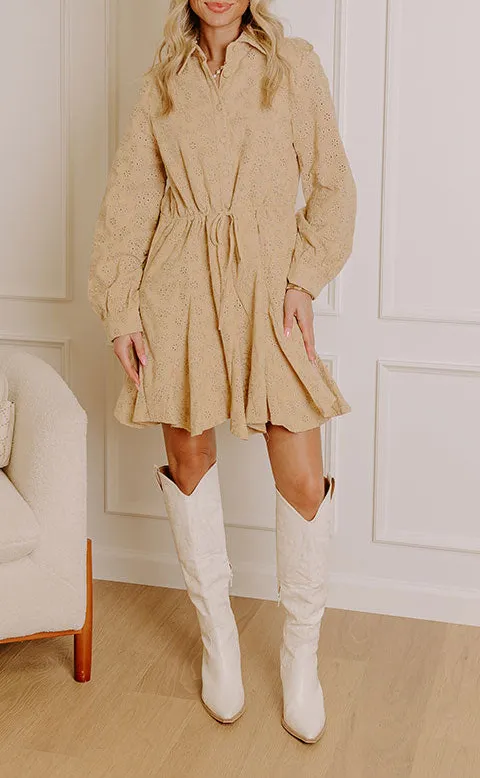 Embroidered Collared Long Sleeve Fit-and-Flare Mini Dress