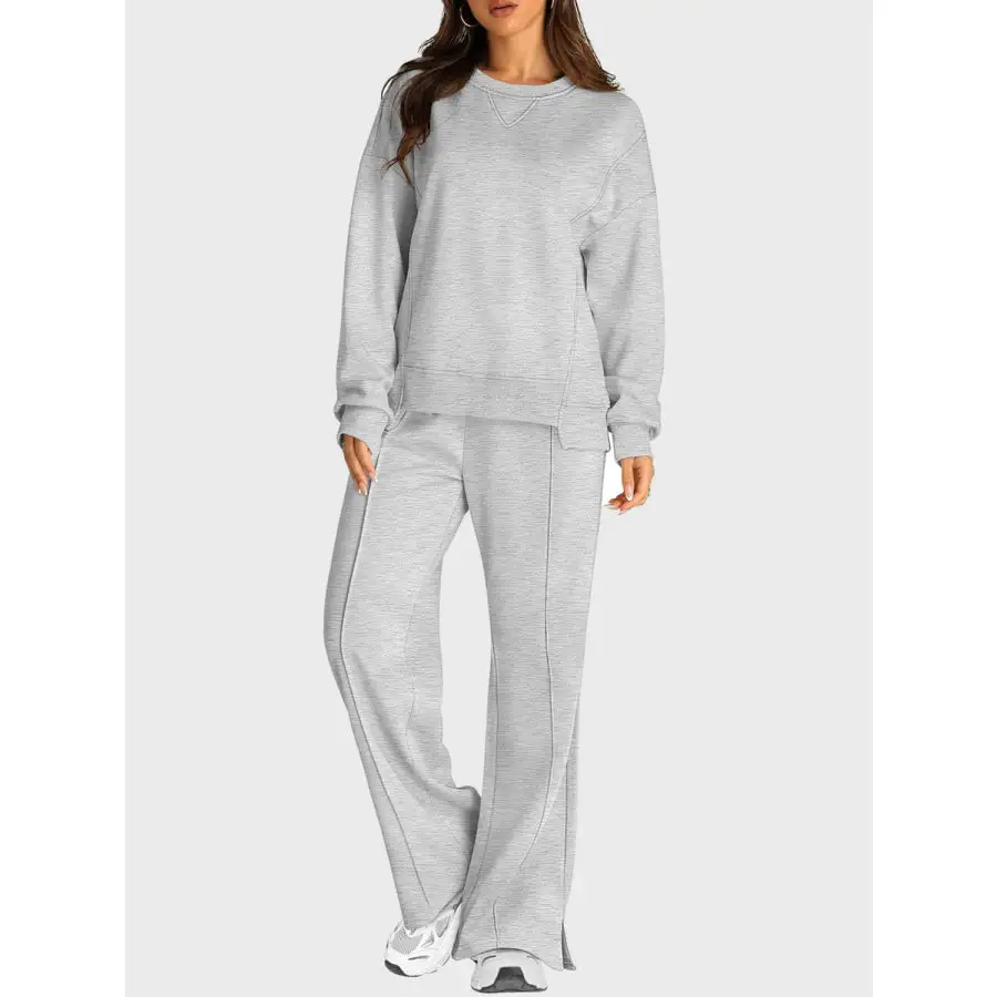 Round Neck Long Sleeve Top and Slit Pants Set