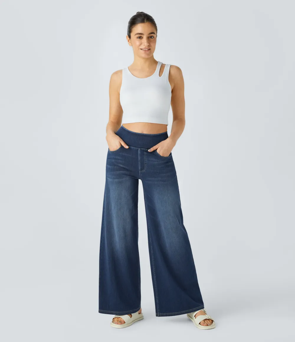 Magic High Waisted Multiple Pockets Wide Leg Washed Stretchy Knit Casual Jeans