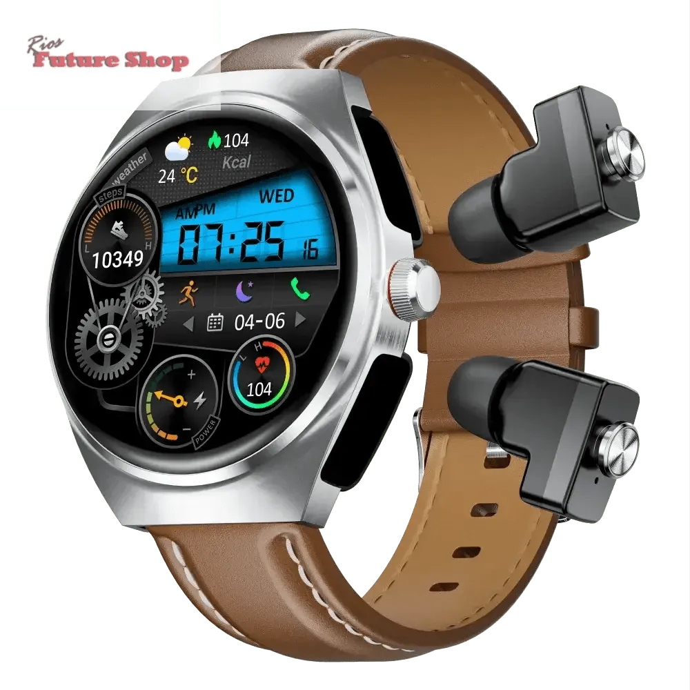 Smart Watch Leather Band with Earbuds 2 in 1