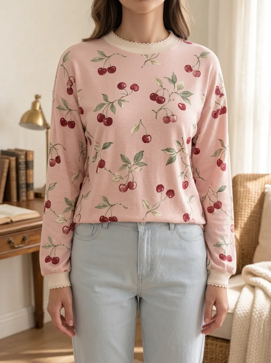 Women's Playful Casual Sweet Style Cherry Pattern Printed Long Sleeve T-shirt