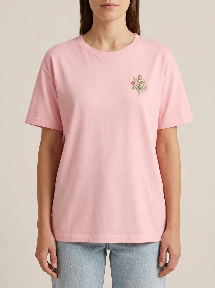 Women's Floral Tulip Bouquet Embroidered Crewneck T-Shirt